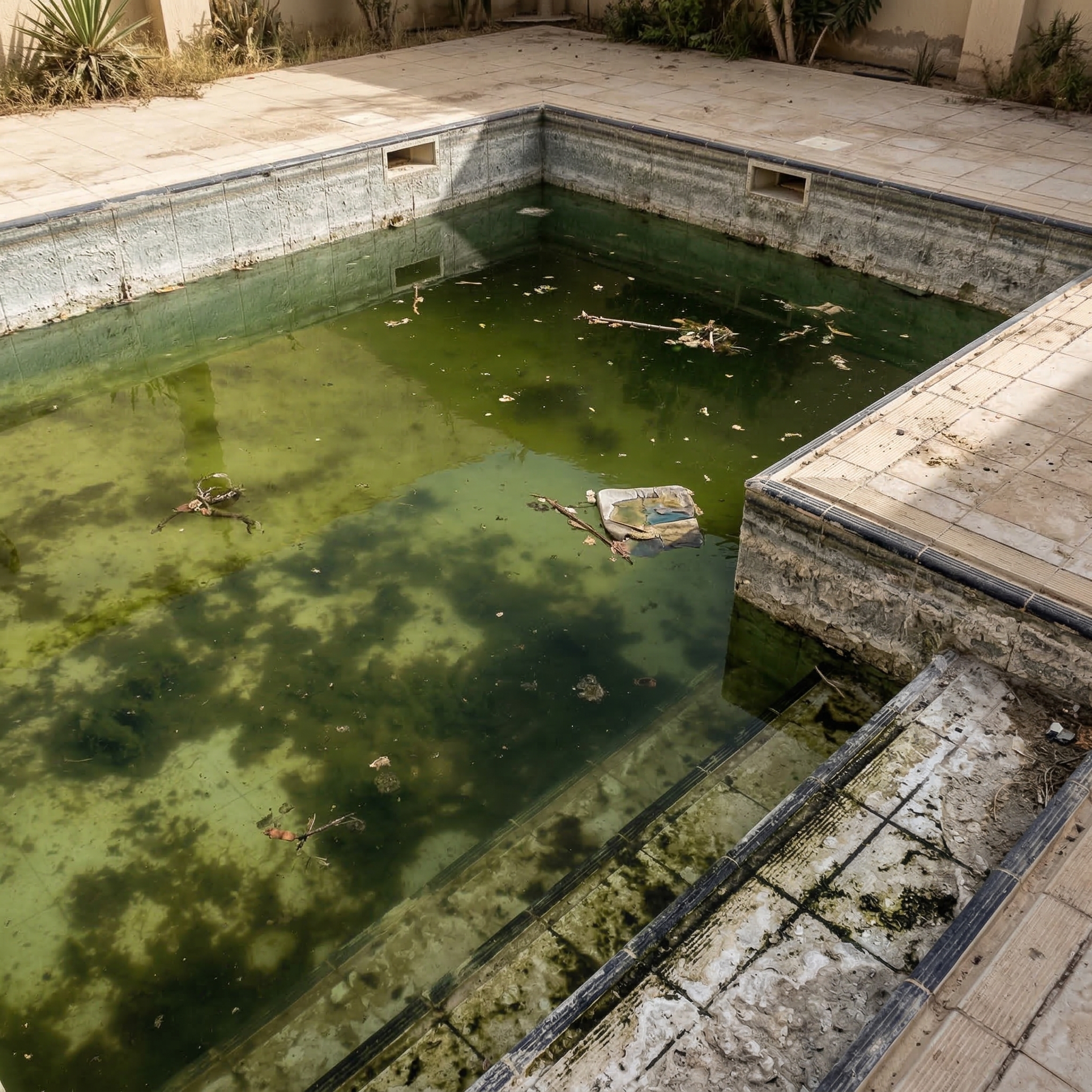 مسبح متروك قبل التنظيف